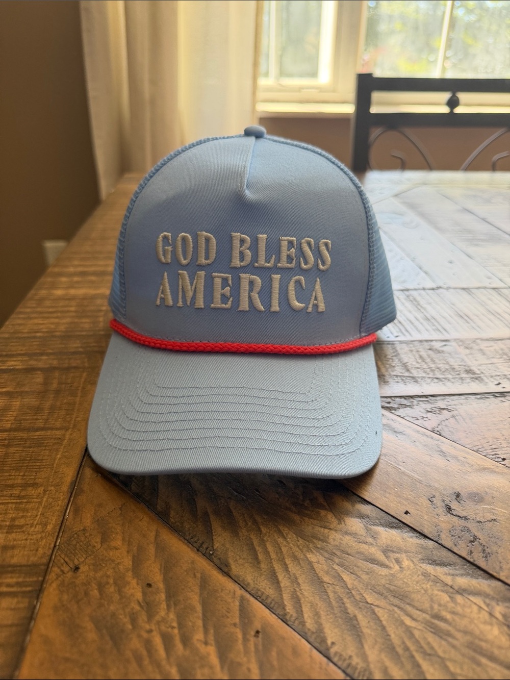Light Blue 'God Bless America' Trucker Hat with Red Accent